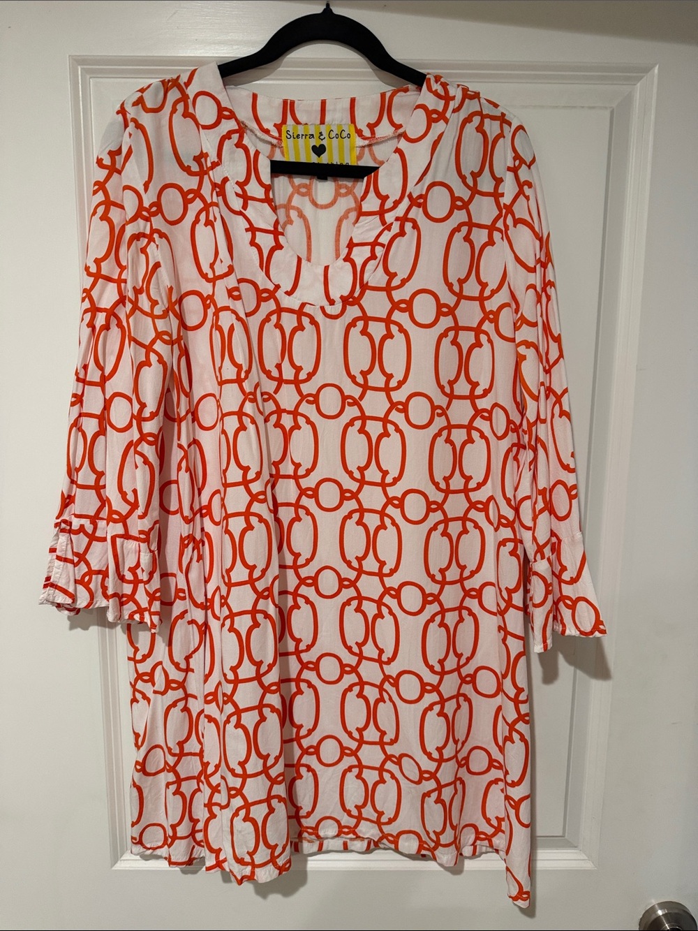 White Mini Dress with Orange Chain-Link Print